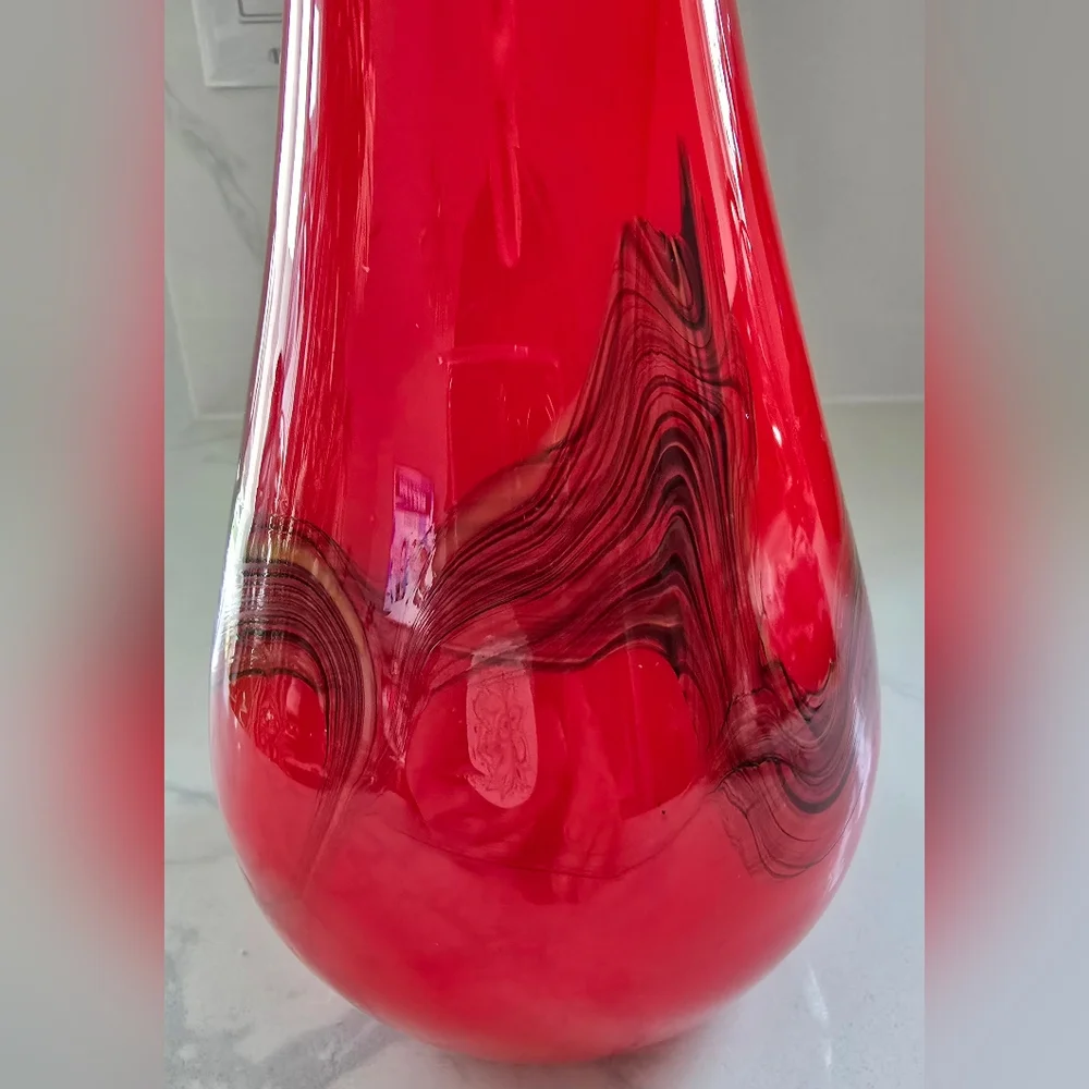 Vintage Hand Blown Red w/ Blue Yellow White Streaks Art Glass Vase 14.5 In. ‎ #2